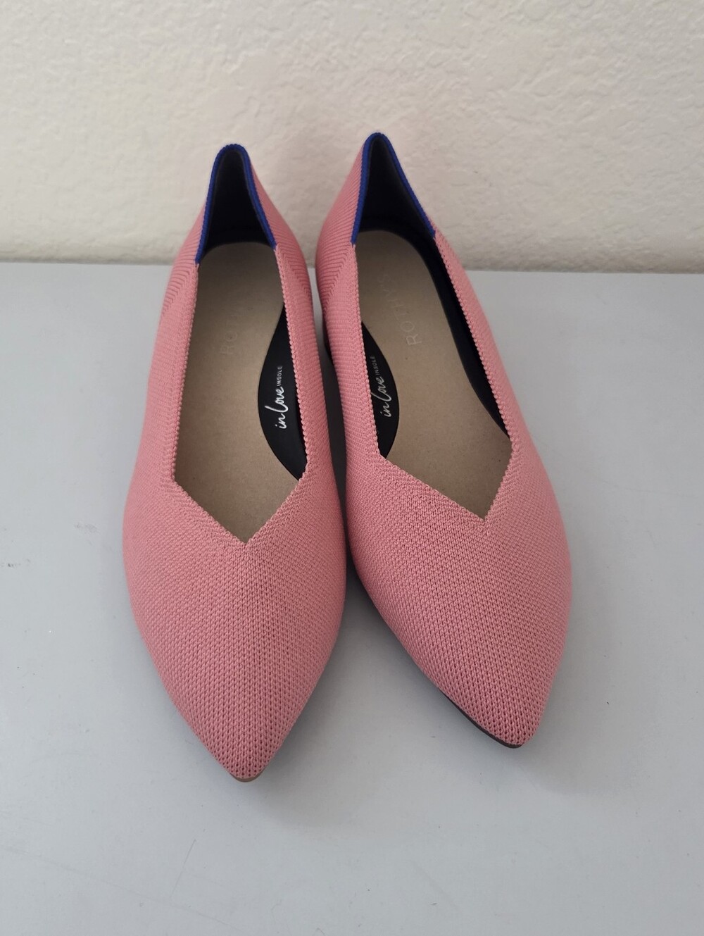 Rothy's Pink Pointed Knit Flats with Blue Trim